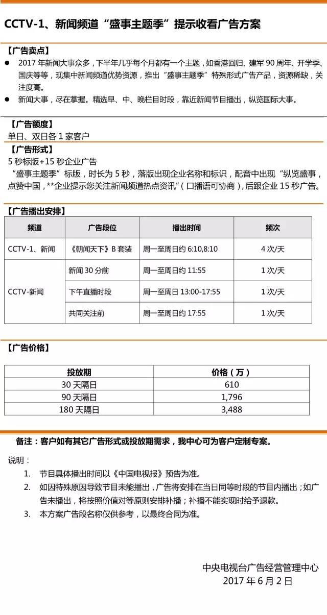 央视广告行业新闻-CCTV-1、新闻频道“盛事主题季”提示收看广告方案