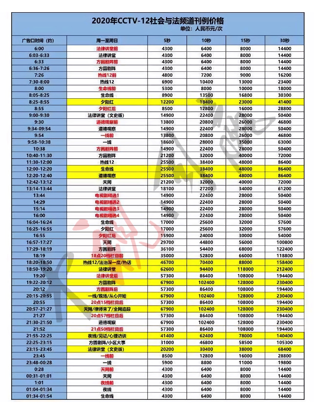2020年CCTV-12社会与法频道刊例价格